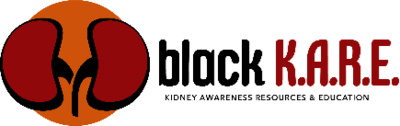 Logo is clipart rendering of a pair of red kidneys sprouting over an orange circle - this is the logo for Black K.A.R.E. (Kidney Awareness Resources and Education